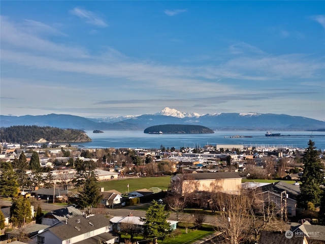 birds eye view of property featuring a water and mountain view