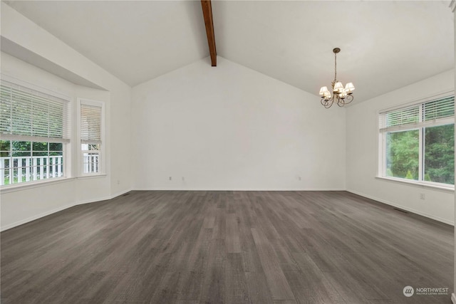 empty room featuring vaulted ceiling with beams and a notable chandelier