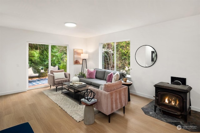 living room with a wood stove and light hardwood / wood-style floors