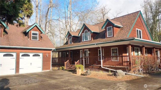 view of front of property featuring covered porch and a garage