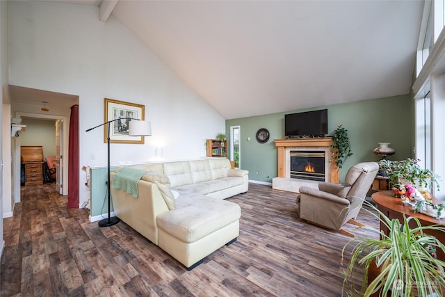 living room featuring beamed ceiling, dark hardwood / wood-style floors, and high vaulted ceiling