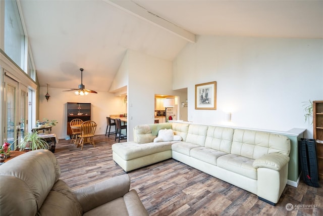 living room featuring hardwood / wood-style floors, ceiling fan, beam ceiling, and high vaulted ceiling