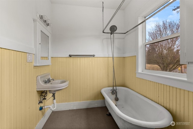 bathroom featuring wooden walls and a bath