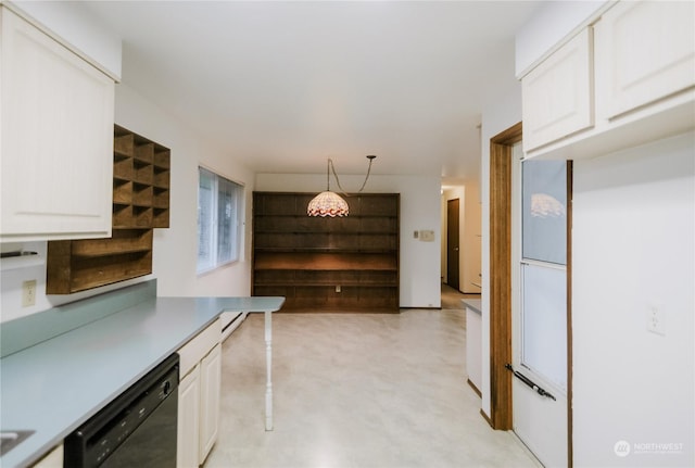 kitchen with white cabinets, black dishwasher, and hanging light fixtures