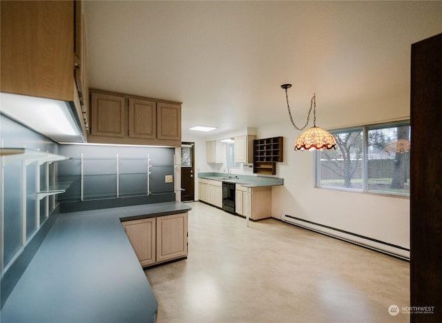 kitchen with black dishwasher, sink, baseboard heating, and hanging light fixtures