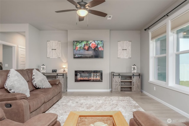 living room with ceiling fan and light hardwood / wood-style floors