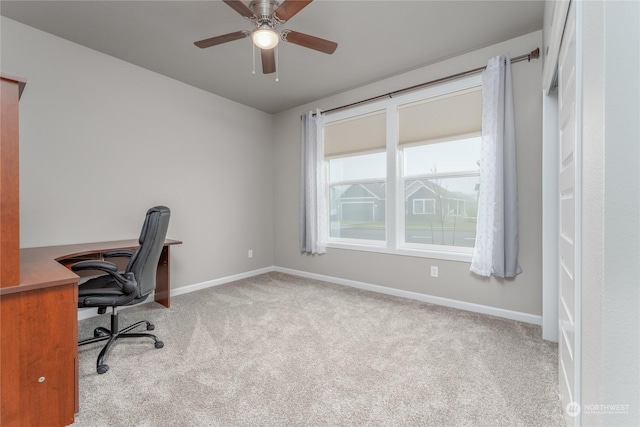 office featuring light colored carpet and ceiling fan