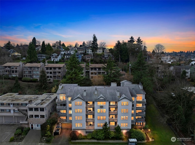 view of aerial view at dusk