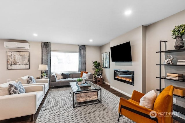 living room featuring a wall unit AC and dark wood-type flooring