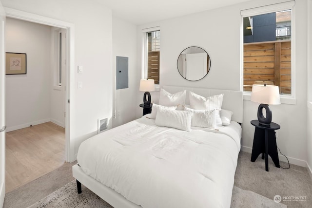 carpeted bedroom featuring electric panel