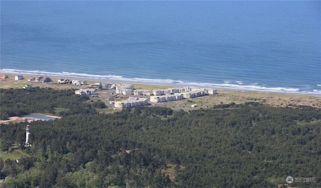 birds eye view of property featuring a view of the beach and a water view