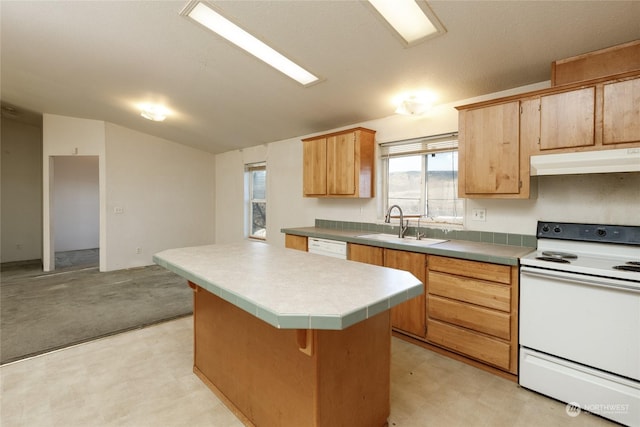 kitchen featuring a center island, white appliances, and sink