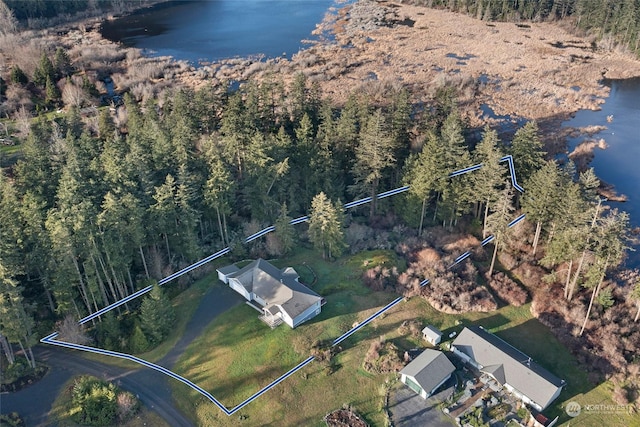 drone / aerial view with a water view