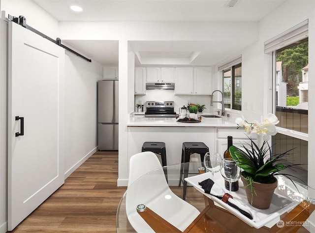 kitchen with appliances with stainless steel finishes, sink, a barn door, hardwood / wood-style flooring, and white cabinets