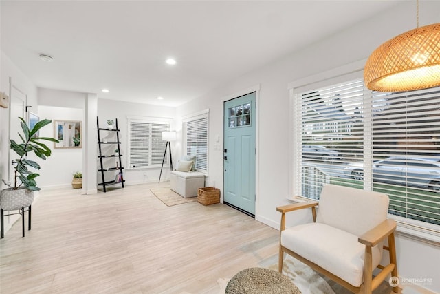 living area with light hardwood / wood-style flooring