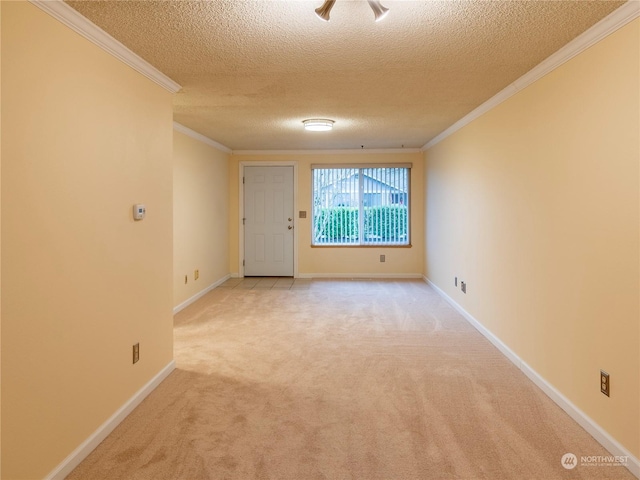 empty room featuring crown molding, light colored carpet, and a textured ceiling