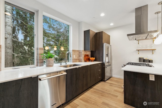 kitchen with dark brown cabinetry, sink, island exhaust hood, light hardwood / wood-style floors, and appliances with stainless steel finishes