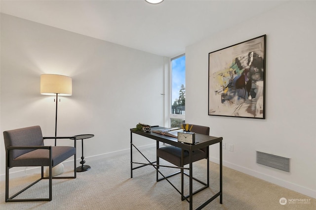 office area with expansive windows and light carpet