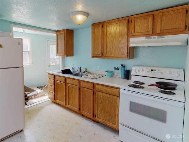 kitchen with sink, white appliances, and a textured ceiling