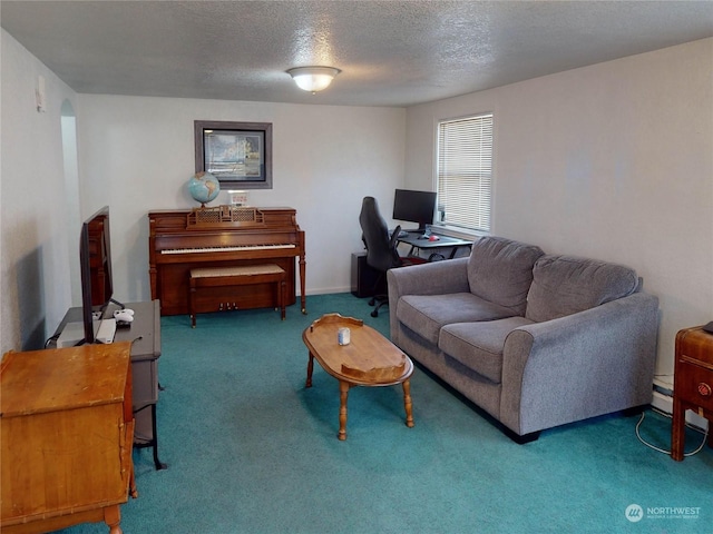 carpeted living room with a textured ceiling