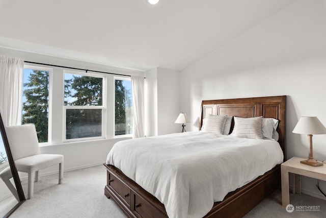 carpeted bedroom with multiple windows and vaulted ceiling