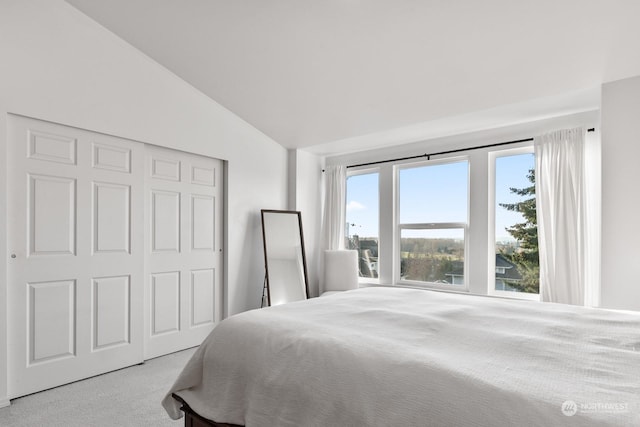 carpeted bedroom featuring vaulted ceiling and a closet