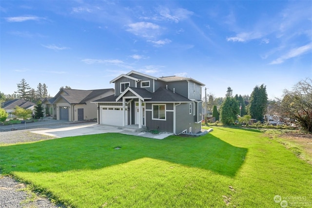 front facade with a garage and a front lawn