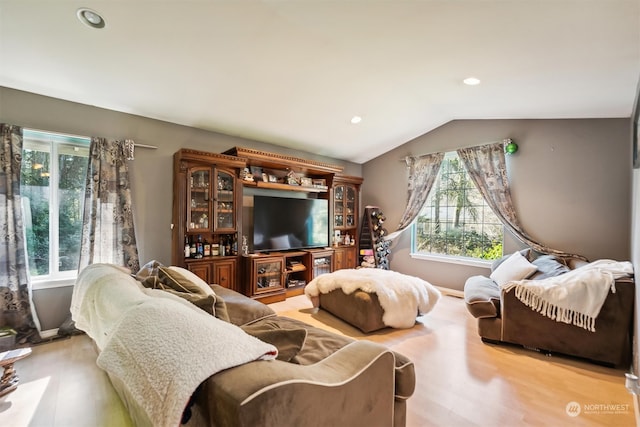 living room featuring light hardwood / wood-style floors and vaulted ceiling