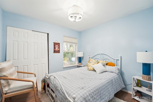 bedroom featuring dark wood-type flooring and a closet