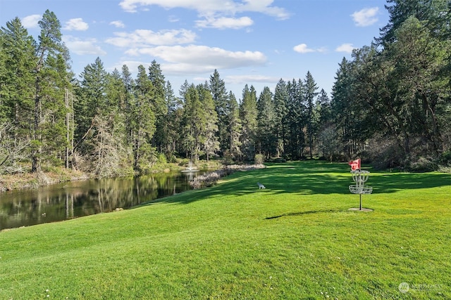 view of community featuring a lawn and a water view