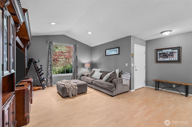 10405 Olympic Pl, Anderson Island, WA 98303 - living room with recessed lighting, light wood-style floors, lofted ceiling, and baseboards