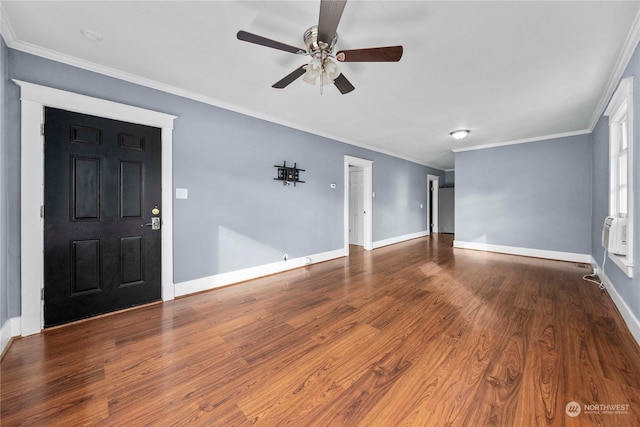 interior space with ceiling fan, hardwood / wood-style floors, and ornamental molding