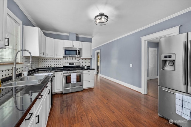 kitchen with sink, white cabinets, dark hardwood / wood-style floors, and appliances with stainless steel finishes