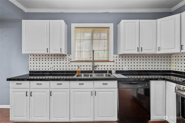 kitchen featuring sink, white cabinets, dishwasher, and crown molding