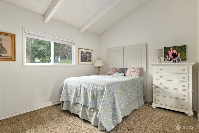 bedroom featuring carpet flooring, vaulted ceiling with beams, and a textured ceiling