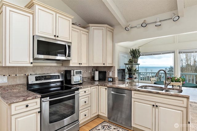 kitchen featuring tasteful backsplash, stainless steel appliances, sink, cream cabinets, and a water view