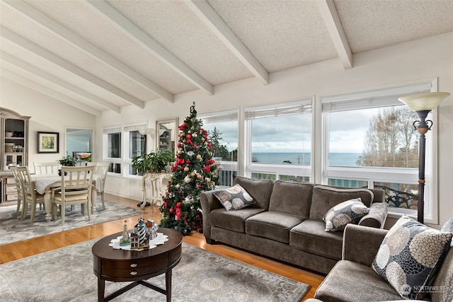 living room with a wealth of natural light, hardwood / wood-style floors, a water view, and a textured ceiling