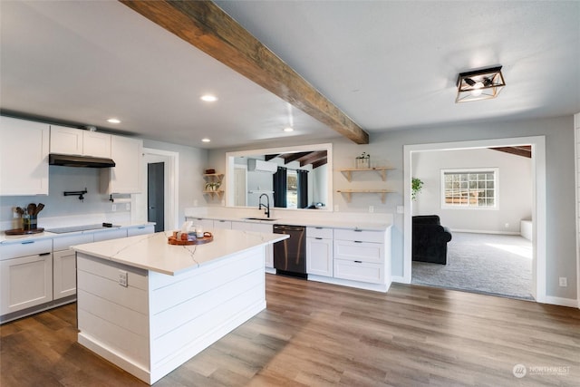 kitchen featuring beamed ceiling, dishwasher, sink, and white cabinets