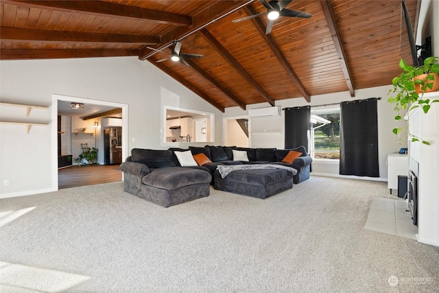 living room featuring light carpet, wood ceiling, and ceiling fan