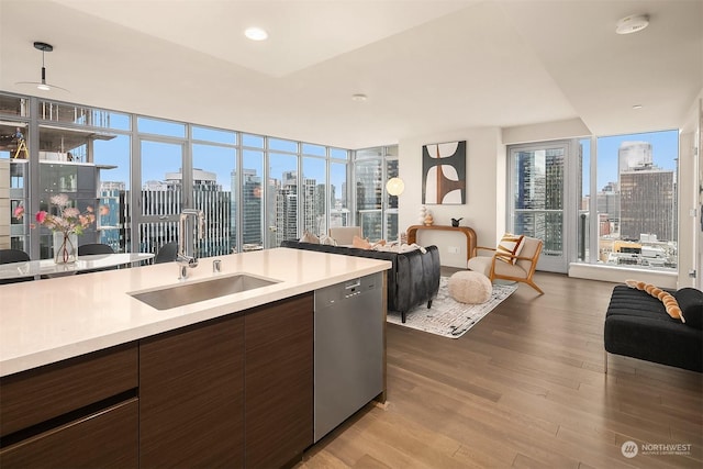 kitchen featuring pendant lighting, dishwasher, sink, light hardwood / wood-style floors, and dark brown cabinetry