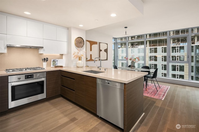 kitchen featuring hardwood / wood-style floors, sink, dark brown cabinets, white cabinetry, and stainless steel appliances