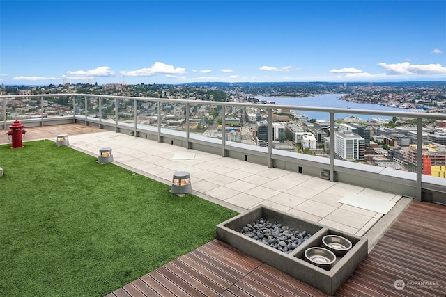 birds eye view of property featuring a water view