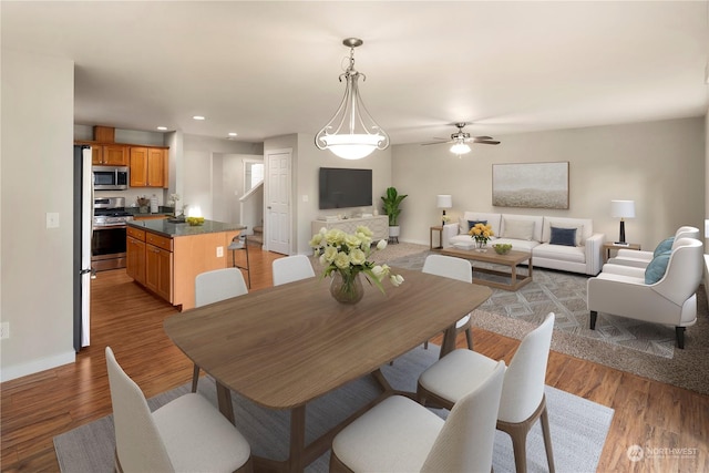 dining room with light wood-type flooring and ceiling fan