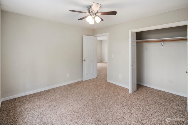 unfurnished bedroom with carpet floors, a closet, and ceiling fan