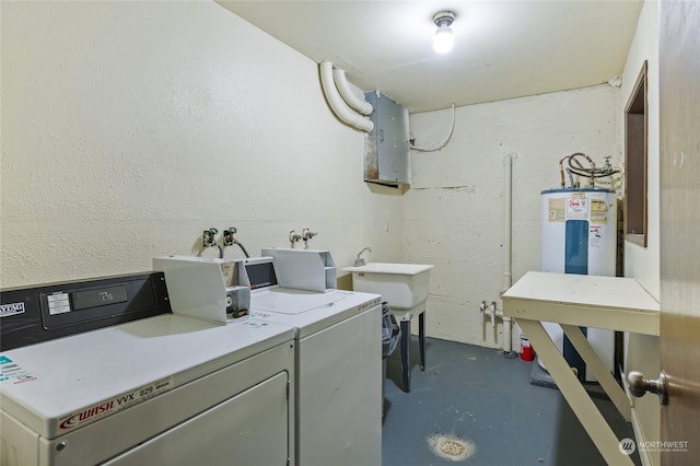 laundry area featuring separate washer and dryer, sink, electric panel, and electric water heater