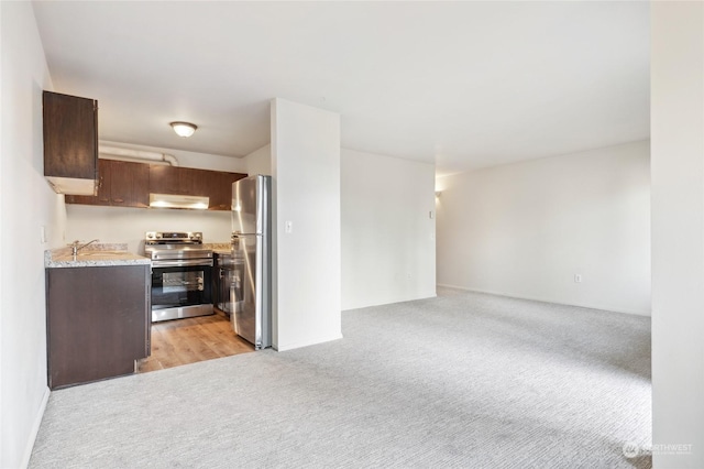 kitchen with light colored carpet, stainless steel appliances, sink, and dark brown cabinets