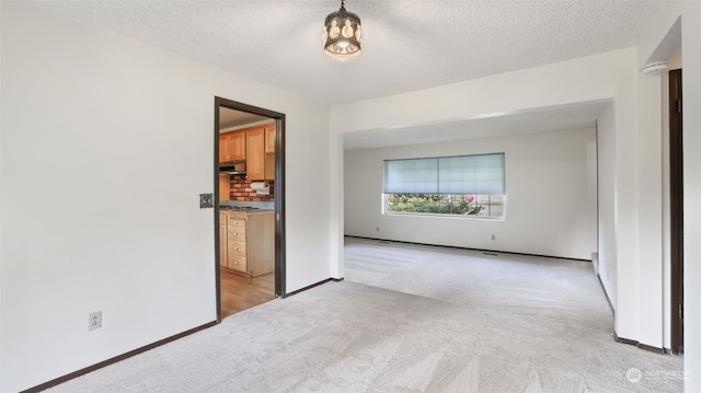 empty room featuring a textured ceiling and light carpet