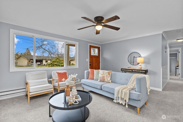 living room featuring ceiling fan, light colored carpet, and ornamental molding