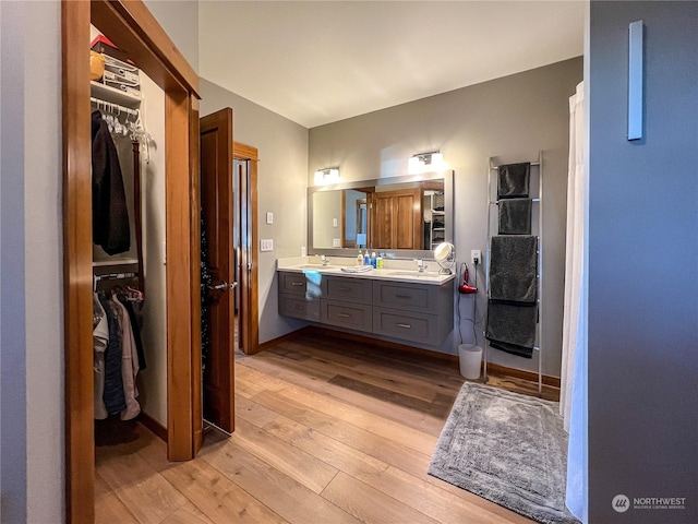 bathroom with vanity and hardwood / wood-style flooring