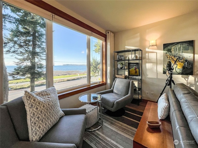 sitting room with a beach view, hardwood / wood-style flooring, and a water view